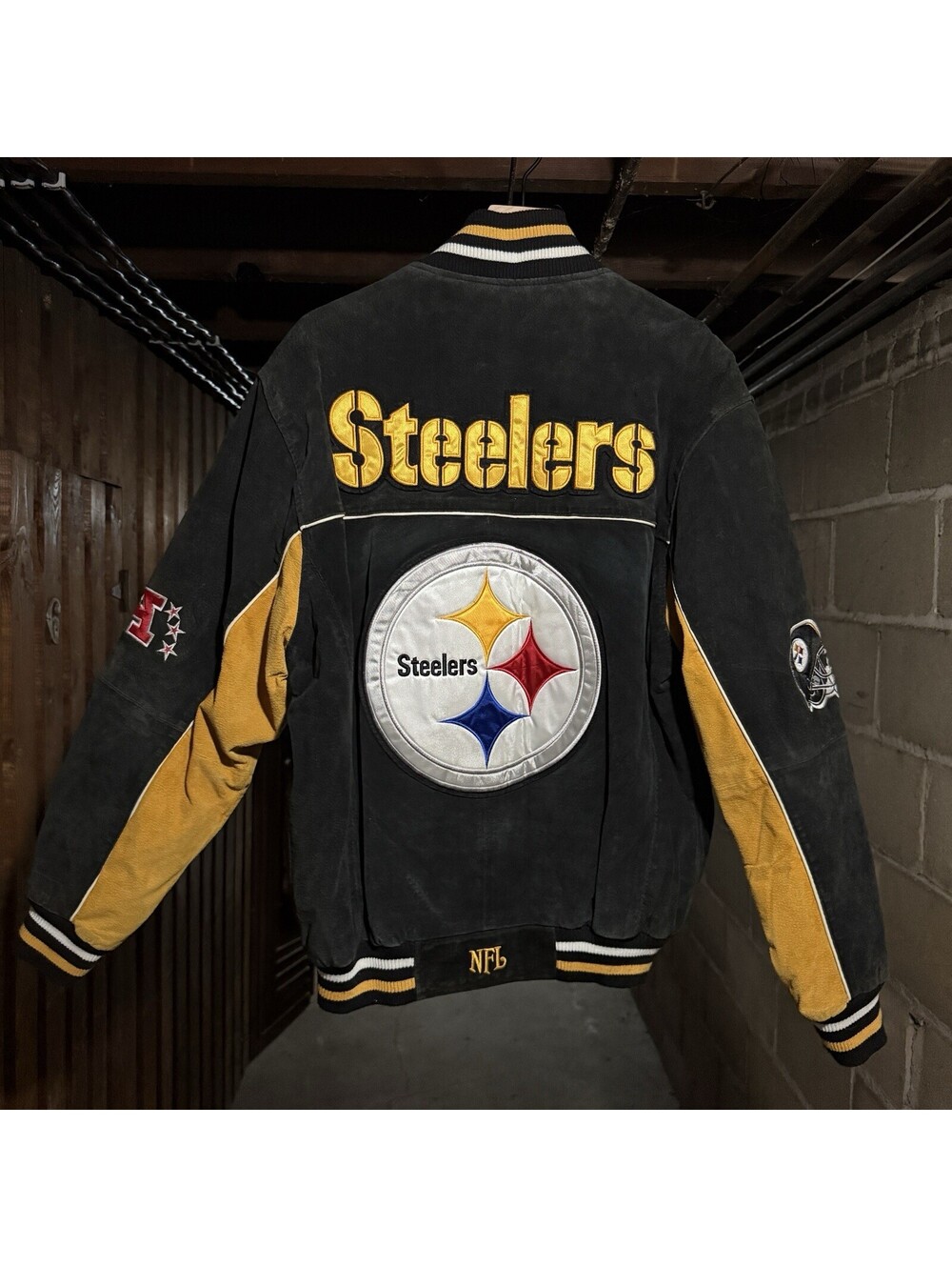 Vintage Pittsburgh Steelers Suede Leather Varsity Jacket NFL Size M Black Gold
